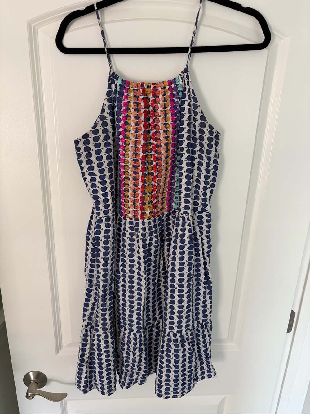THML Navy Dot Print Sundress with Multicolor Embroidered Bib
